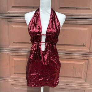 Burgundy Sequin Halter Mini Set